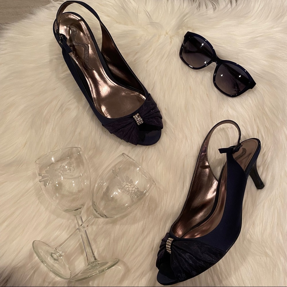 Nina Navy Satin Jewel Peep Toe Sling back Heels